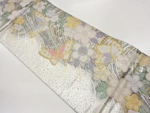 よろけ横段に蝶・草花模様織り出し袋帯